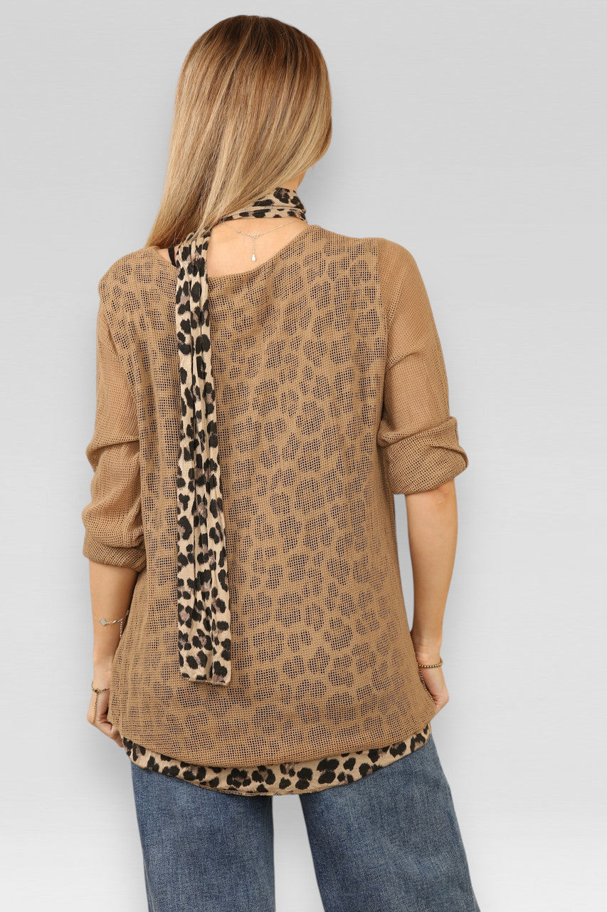 DUBBELE LAAG MESH LEOPARDPRINT TOP MET SJAAL TAN