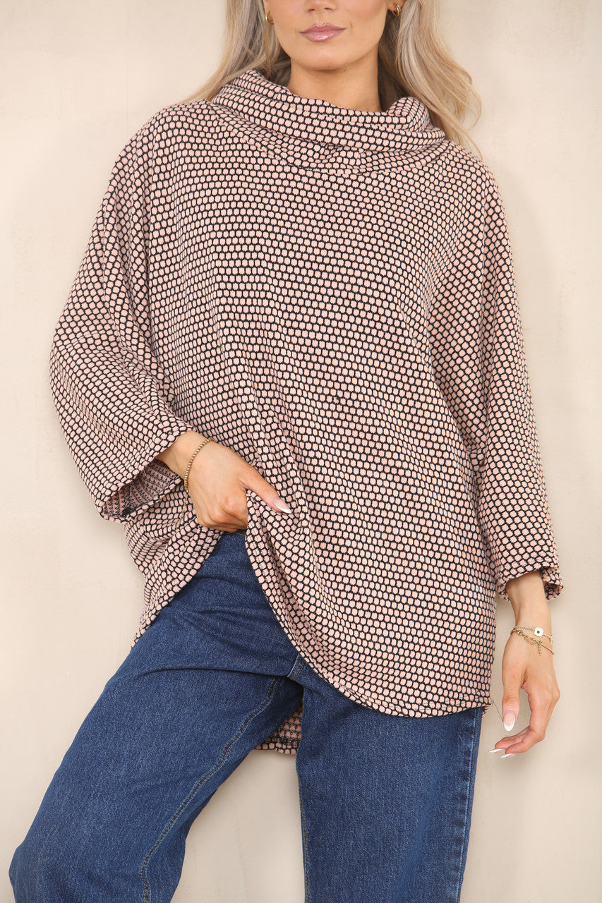 GEO PATTERN YARN KNIT COWL NECK JUMPER DUSTY PINK