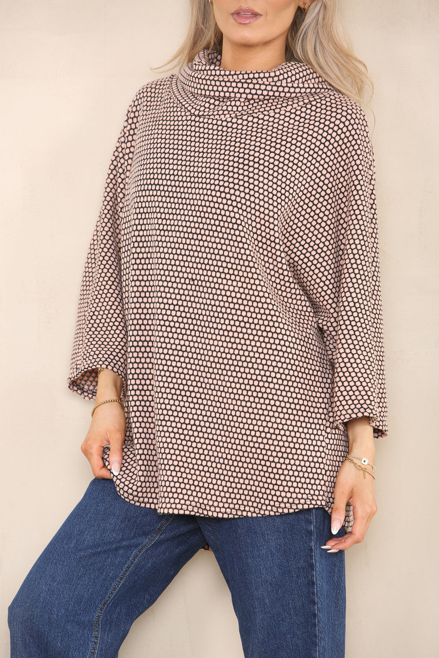 GEO PATTERN YARN KNIT COWL NECK JUMPER DUSTY PINK