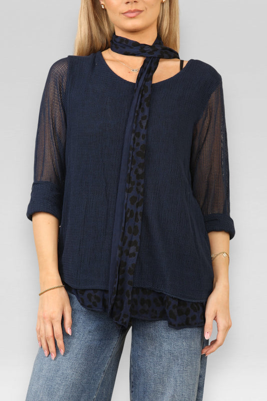 DUBBELE LAAG MESH LUIPAARDPRINT TOP MET SJAAL NAVY