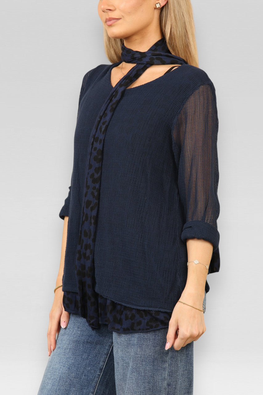 DUBBELE LAAG MESH LUIPAARDPRINT TOP MET SJAAL NAVY
