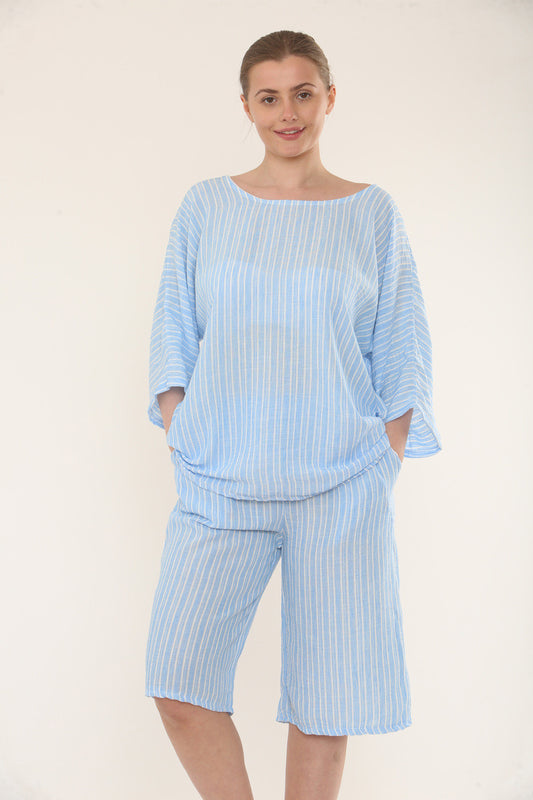 GESTREEPT KORT CO-ORD SET - LICHTBLAUW
