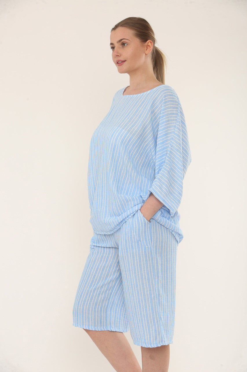 GESTREEPT KORT CO-ORD SET - LICHTBLAUW