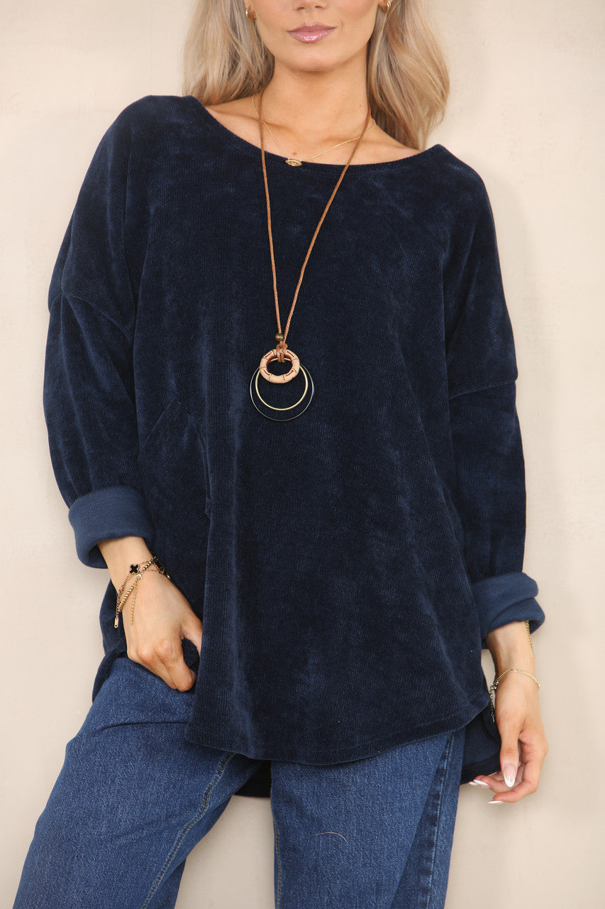 CORDUROY TOP MET KETTING MARINEBLAUW