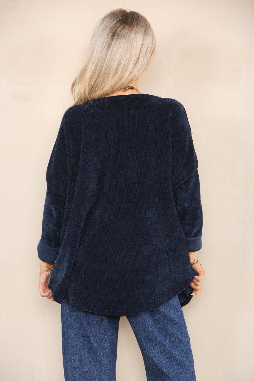 CORDUROY TOP MET KETTING MARINEBLAUW