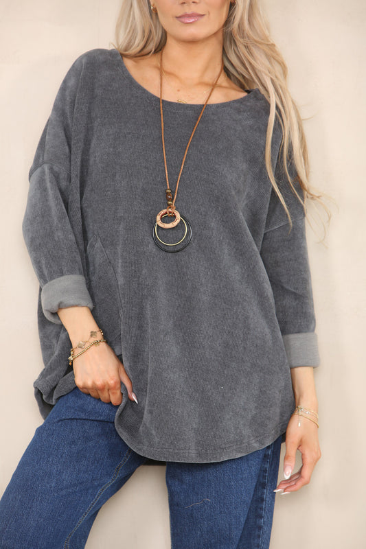 COURDRY TOP WITH NECKLACE CHARCOAL