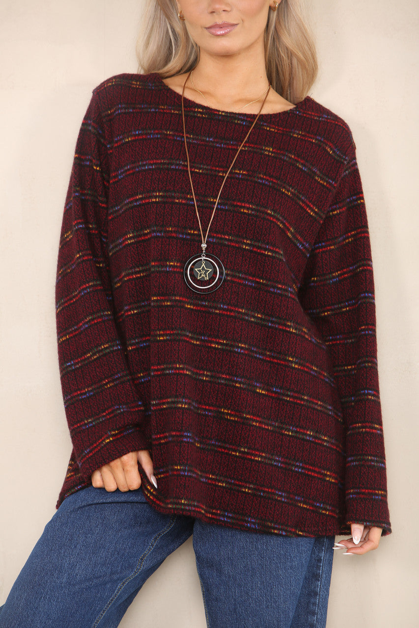 COLOUR FLECK STRIPE YARN KNIT JUMPER BURGUNDY