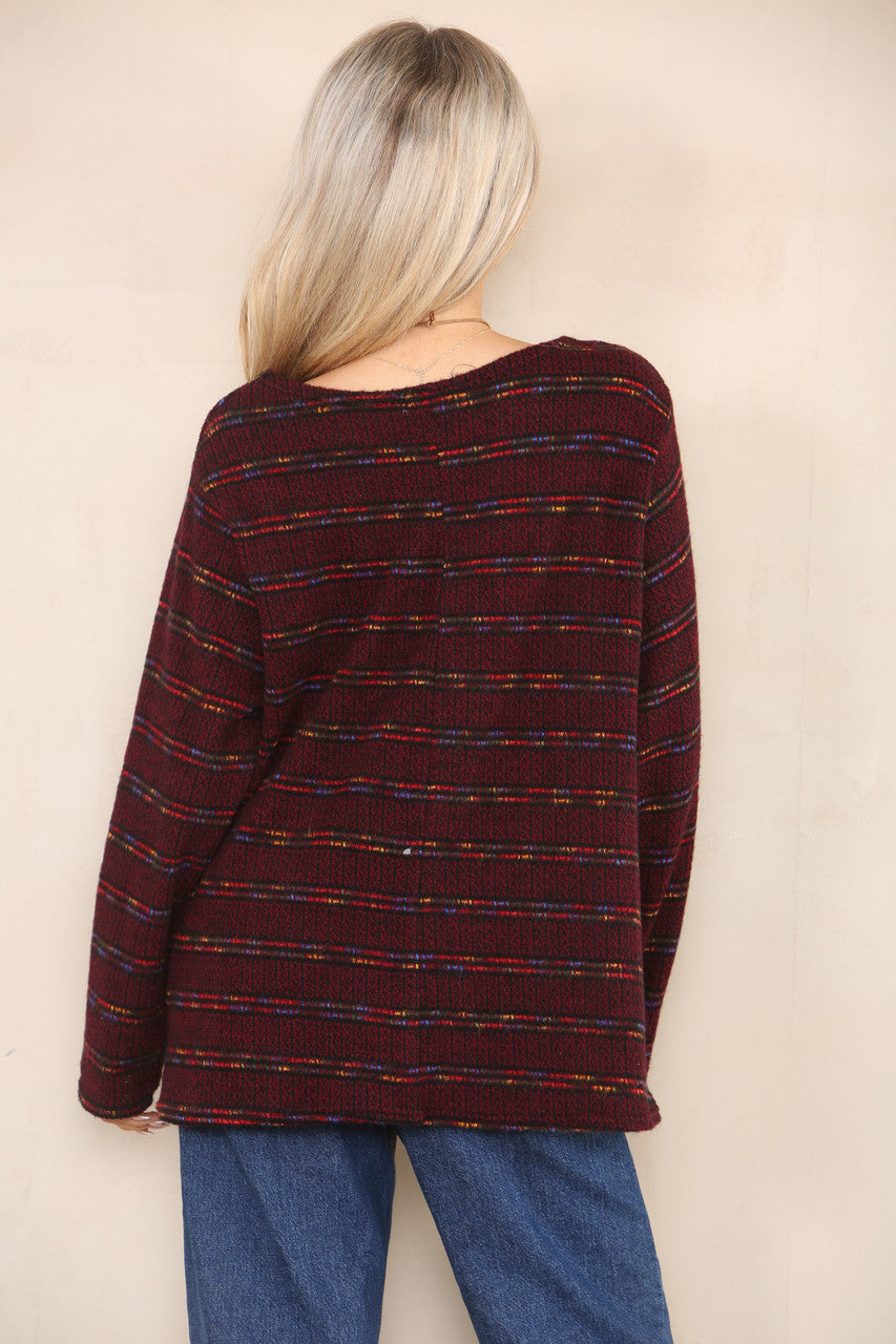 COLOUR FLECK STRIPE YARN KNIT JUMPER BURGUNDY