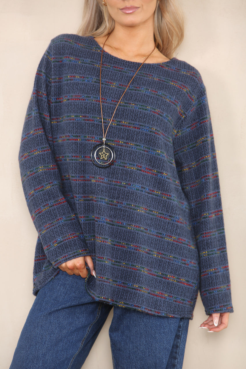 COLOUR FLECK STRIPE YARN KNIT JUMPER DENIM