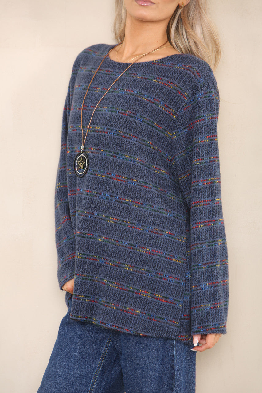 COLOUR FLECK STRIPE YARN KNIT JUMPER DENIM