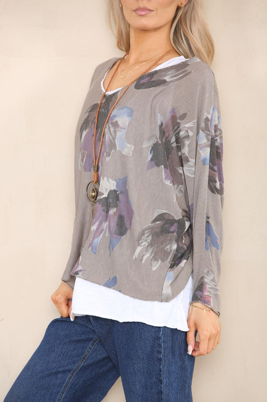 FLORAL PRINT DOUBLE LAYER TOP WITH NECKLACE TAUPE