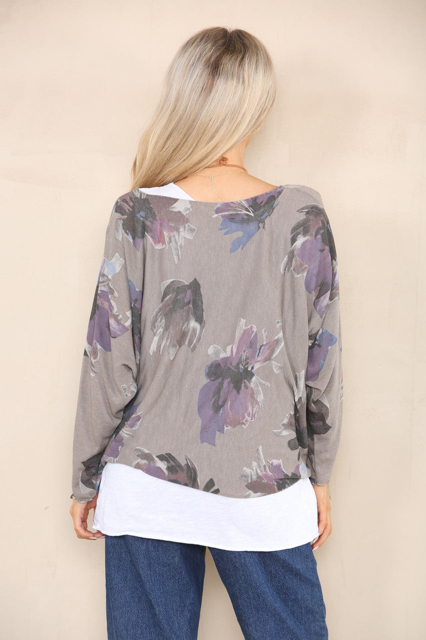 FLORAL PRINT DOUBLE LAYER TOP WITH NECKLACE TAUPE