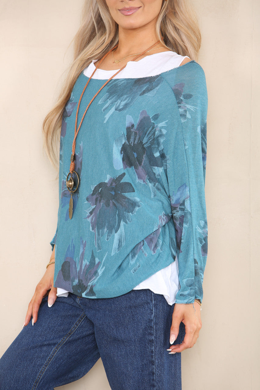 FLORAL PRINT DOUBLE LAYER TOP WITH NECKLACE TEAL