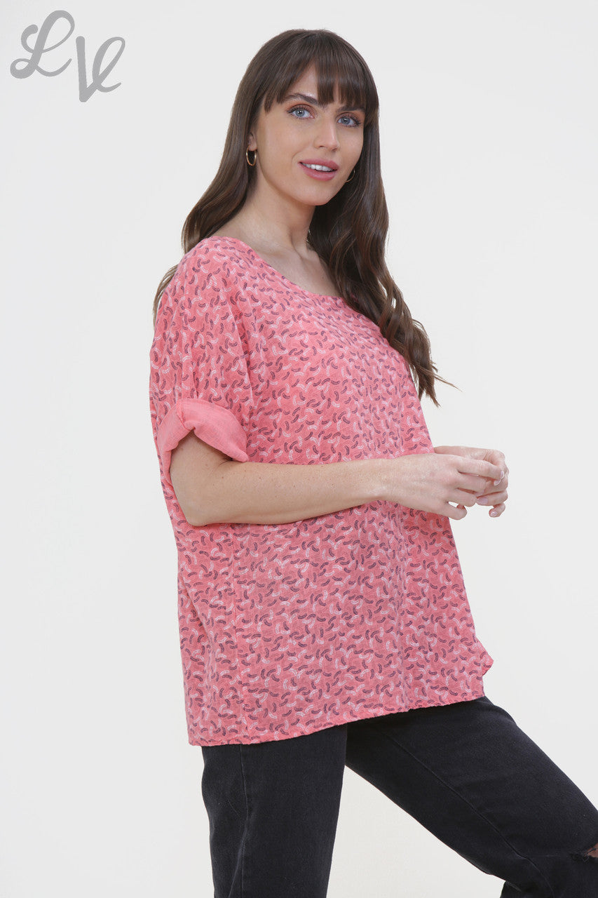 Ladies Miniature Feather Print Box Top Coral