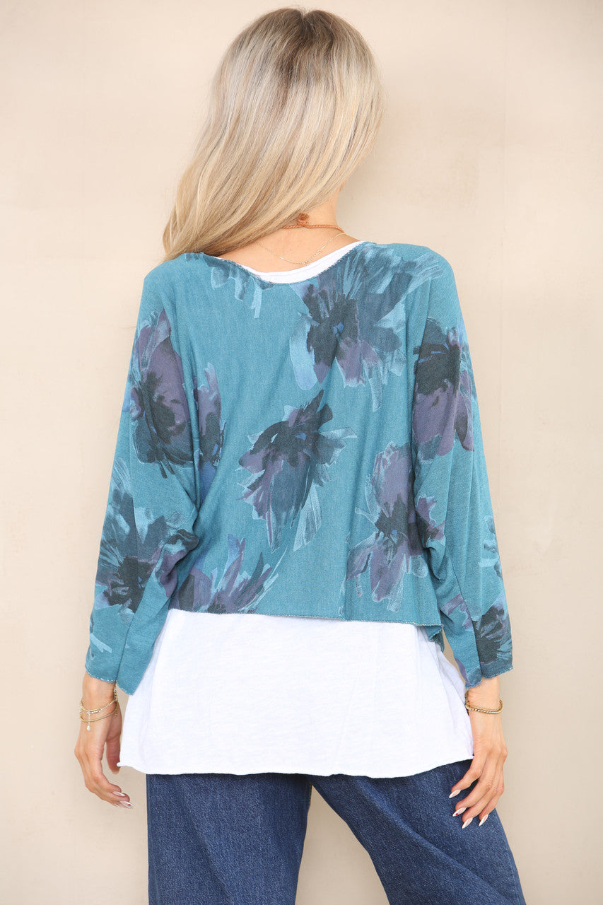 FLORAL PRINT DOUBLE LAYER TOP WITH NECKLACE TEAL