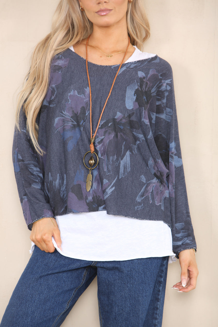 FLORAL PRINT DOUBLE LAYER TOP WITH NECKLACE NAVY