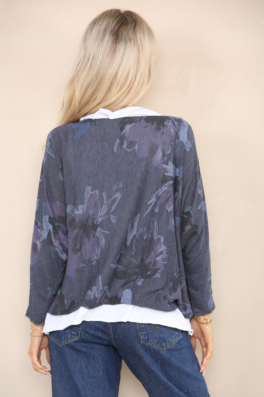 FLORAL PRINT DOUBLE LAYER TOP WITH NECKLACE NAVY