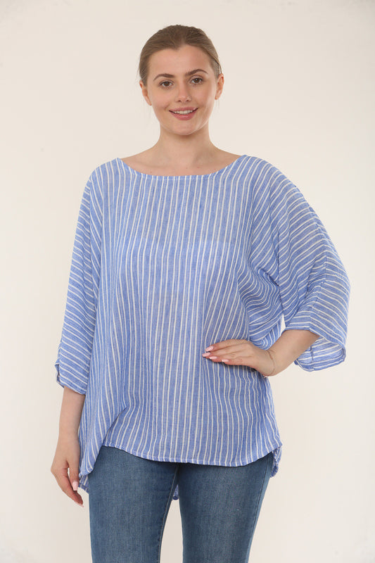 STREEPJES TOP MET RONDE HALS - DENIM