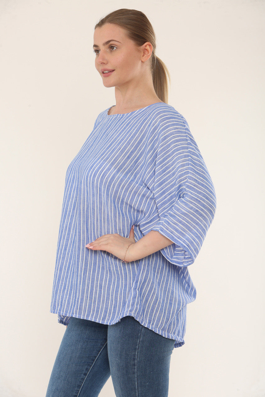 STREEPJES TOP MET RONDE HALS - DENIM