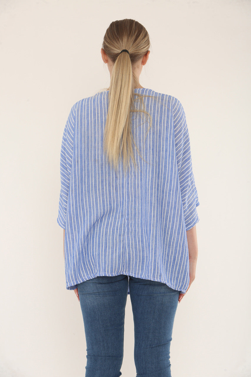 STREEPJES TOP MET RONDE HALS - DENIM