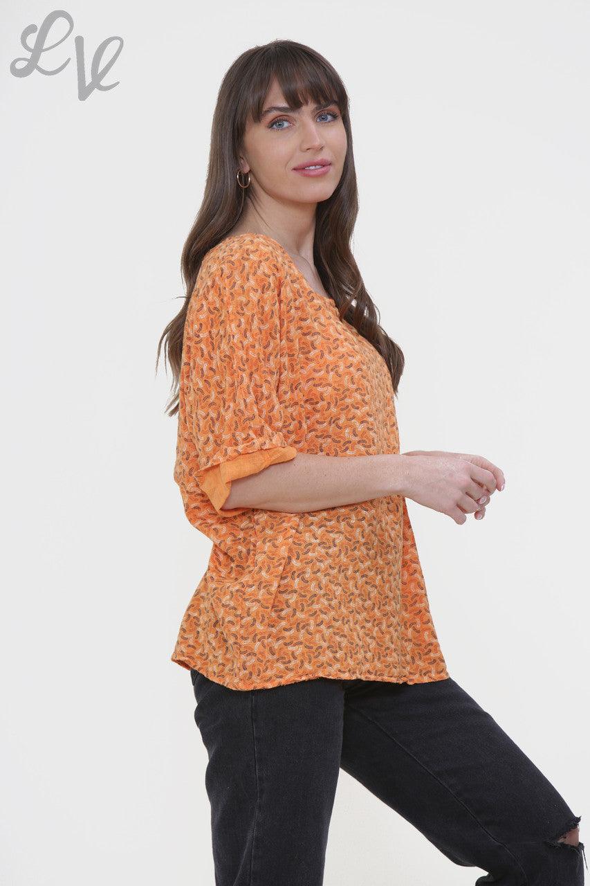 Ladies Miniature Feather Print Box Top Orange