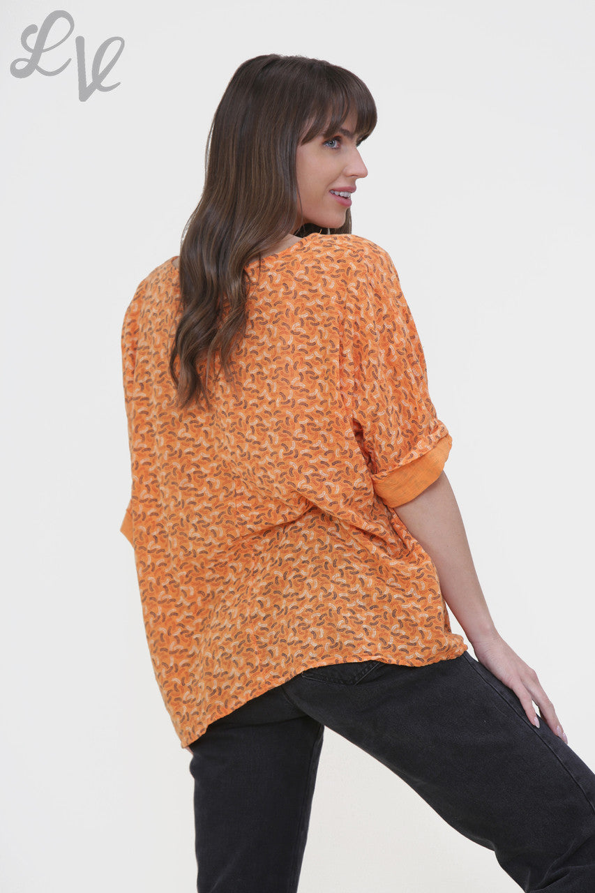 Ladies Miniature Feather Print Box Top Orange