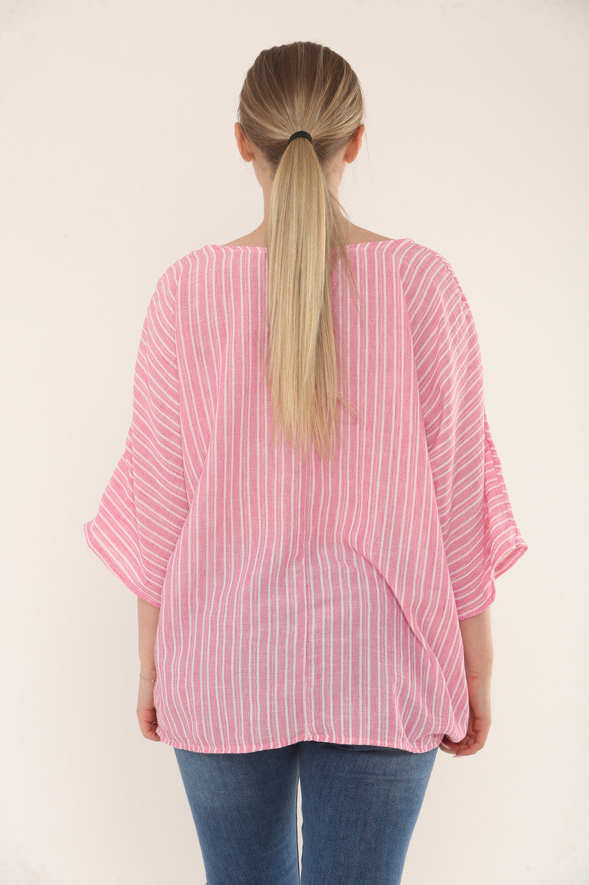 OVERHEMD MET ROND HALS EN DUNNE STREPEN - CANDY ROZE
