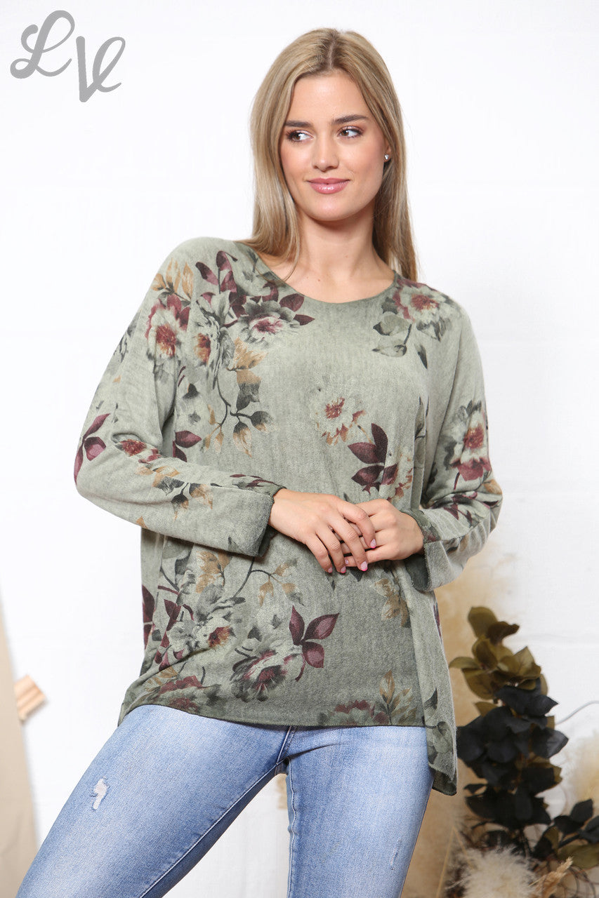 Dames Trui met Bloemen- en Bladerenprint Fijngebreid Khaki