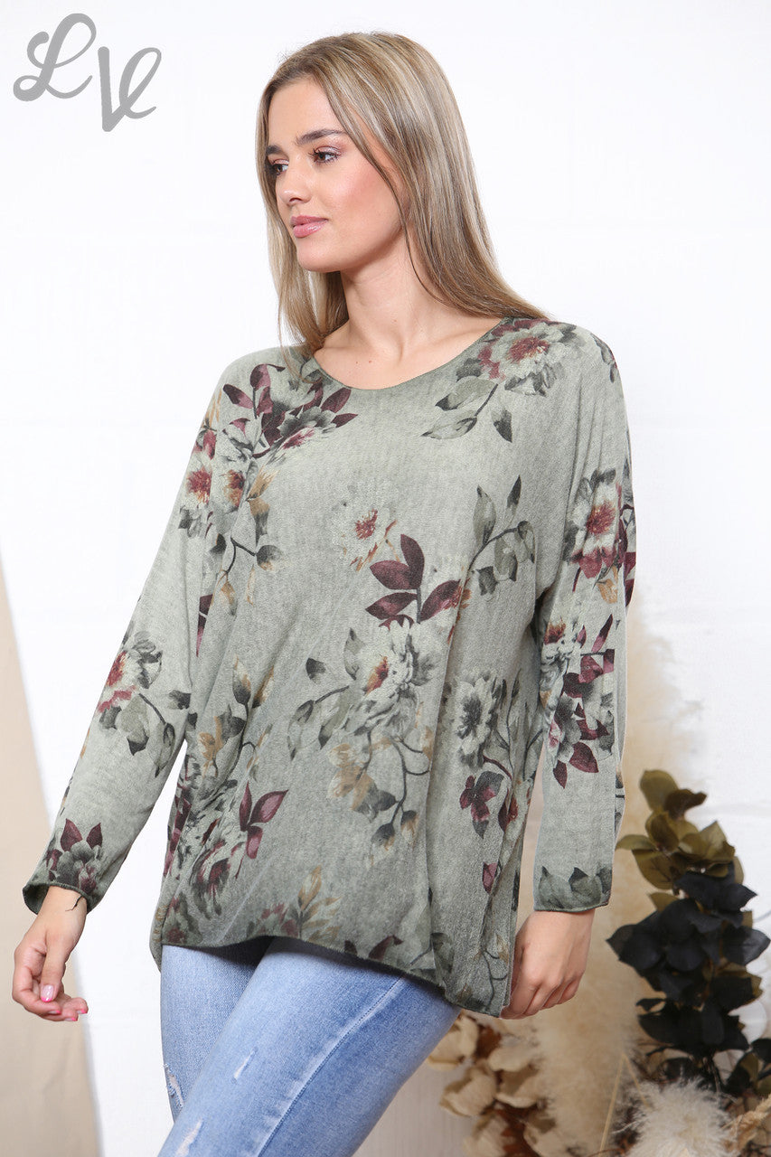 Dames Trui met Bloemen- en Bladerenprint Fijngebreid Khaki