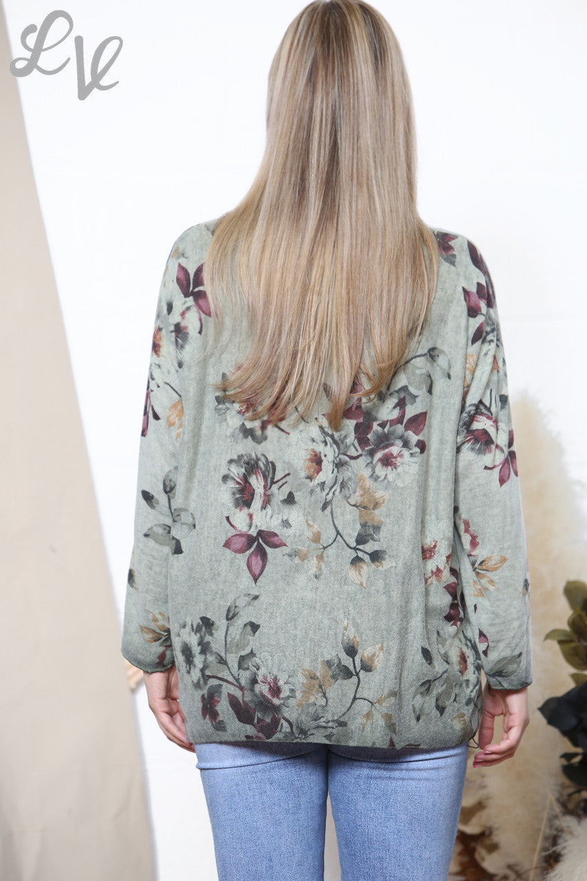 Dames Trui met Bloemen- en Bladerenprint Fijngebreid Khaki