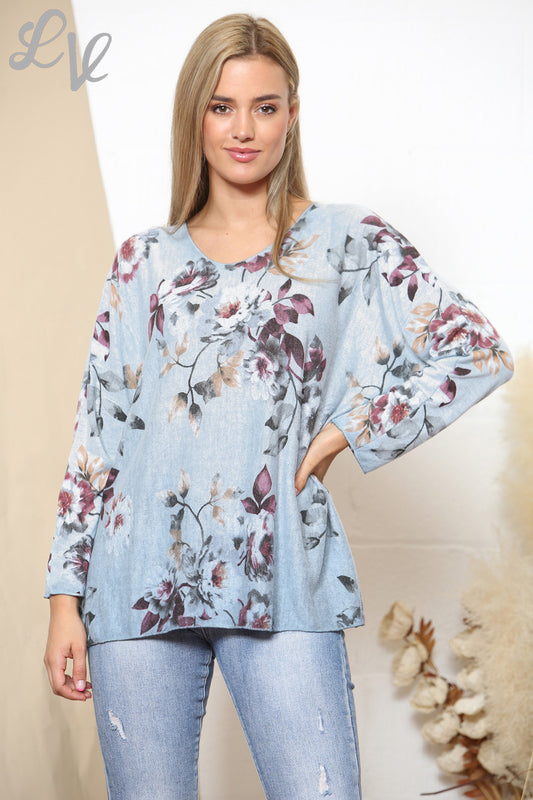 Dames Trui met Fijn Gebreide Bloemen- en Bladerenprint en Denim