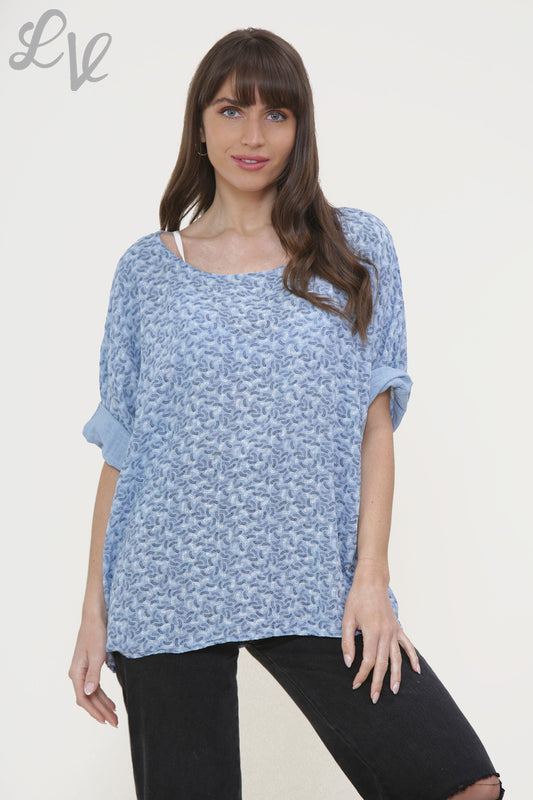 Ladies Miniature Feather Print Box Top Sky Blue