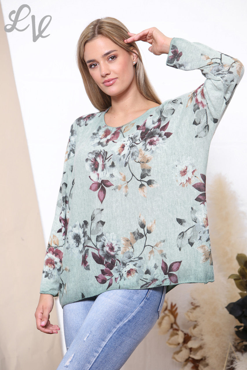 Ladies Flowers & Leaves Print Fine Knit Jumper Top Green