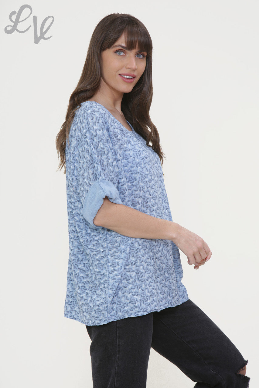 Ladies Miniature Feather Print Box Top Sky Blue