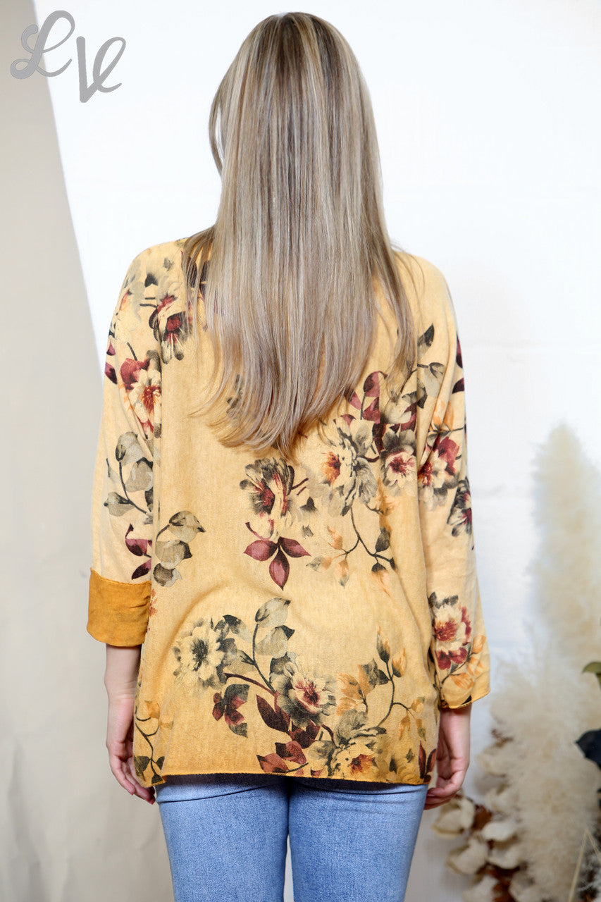 Ladies Flowers & Leaves Print Fine Knit Jumper Top Mustard