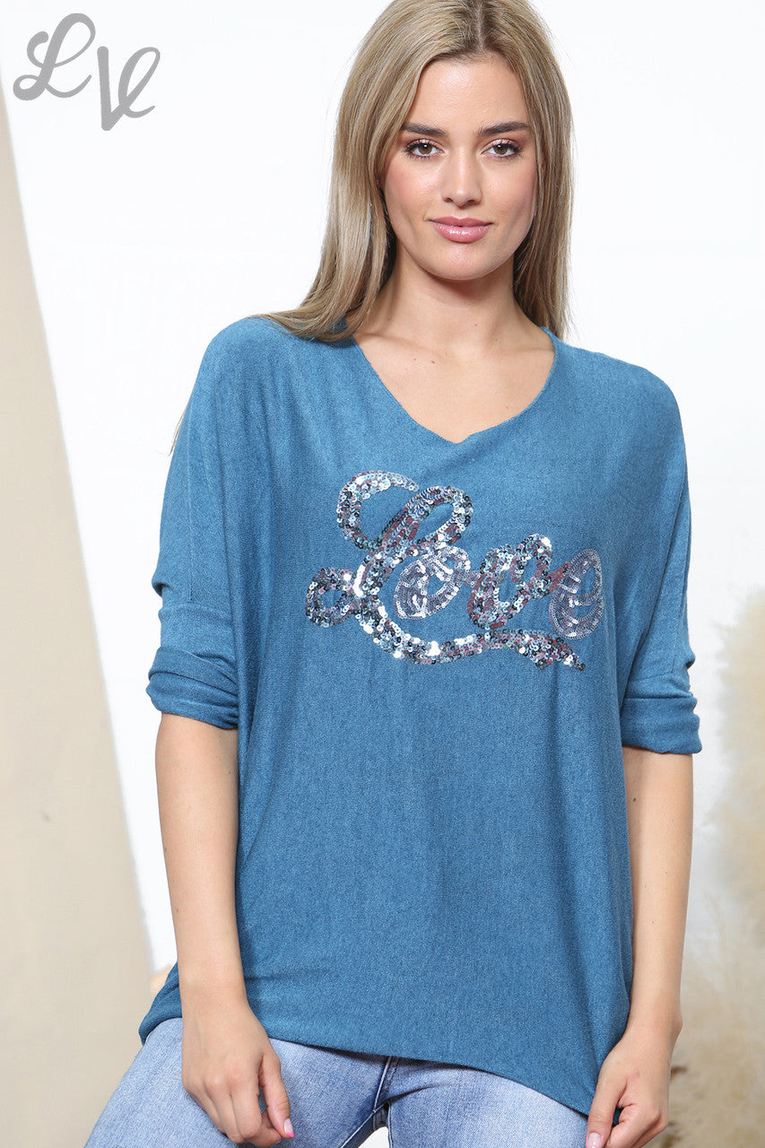 Ladies Sparkle Glitter Love Script Fine Knit Jumper Top Teal