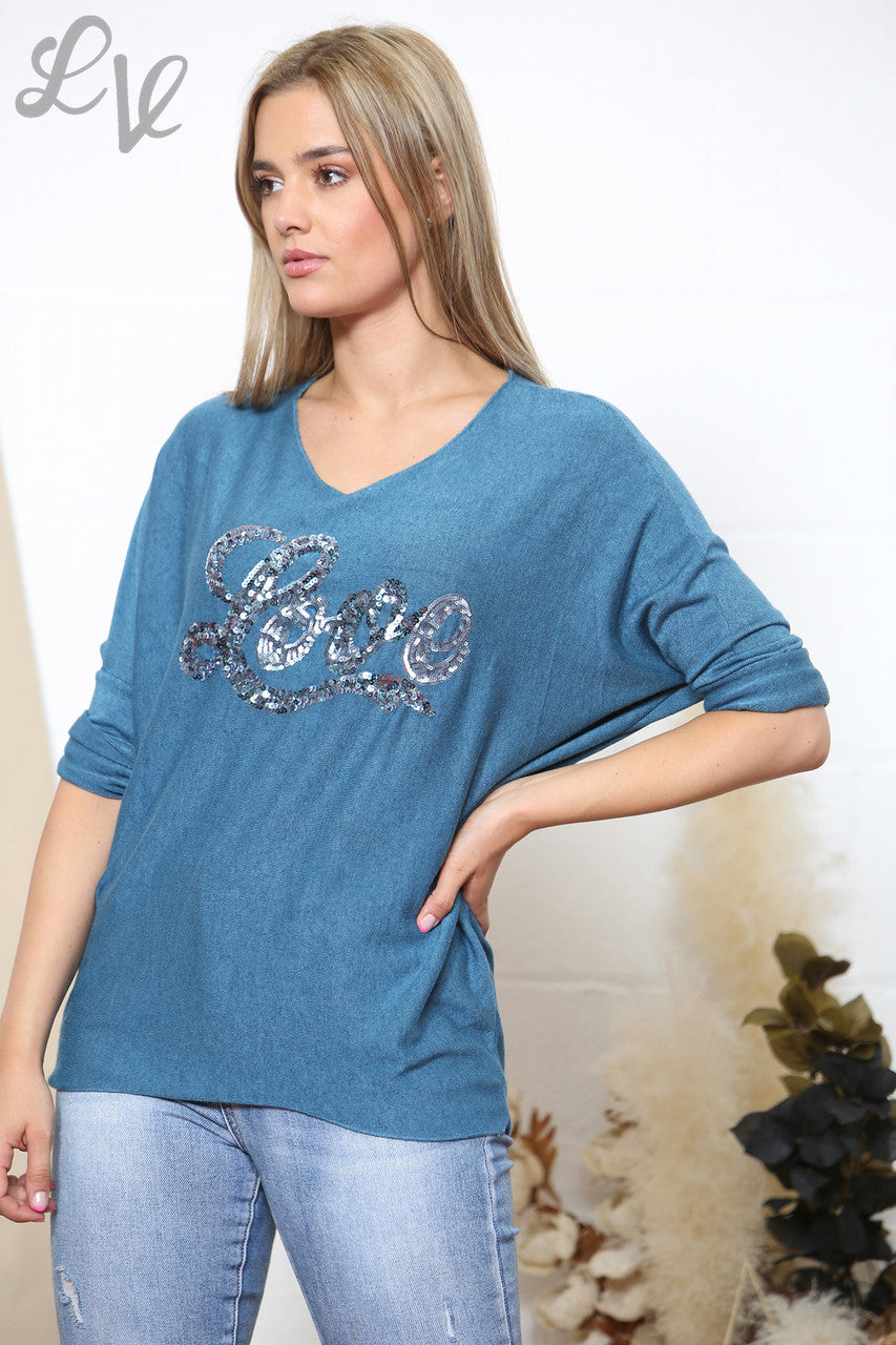 Ladies Sparkle Glitter Love Script Fine Knit Jumper Top Teal