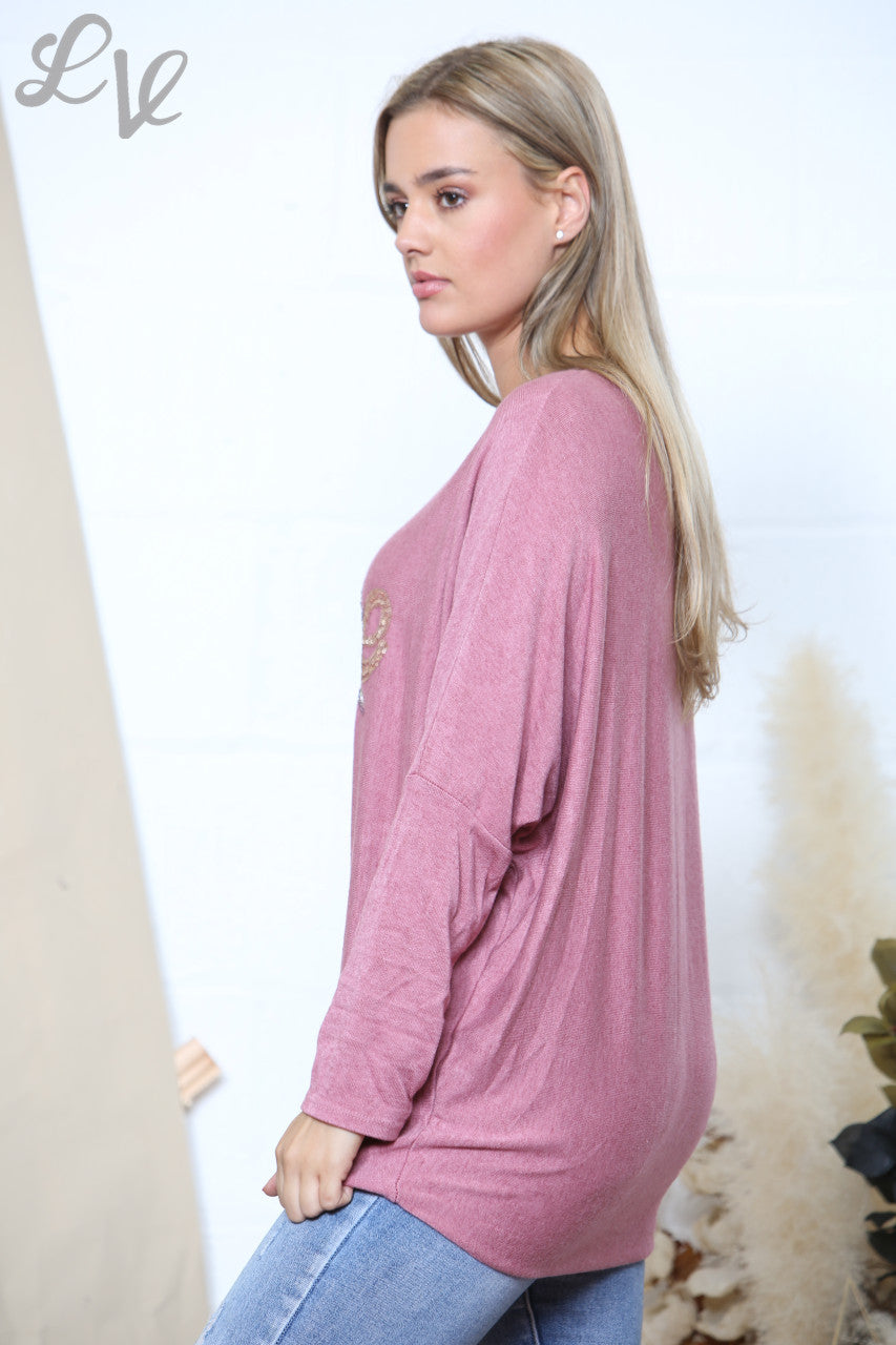 Dames Sparkle Glitter Love Script Fijn Gebreide Trui Top Roze