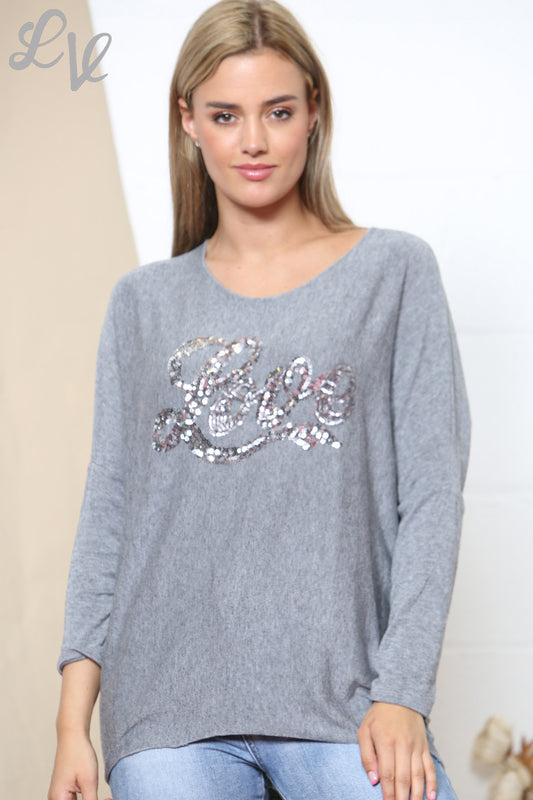 Dames Sparkle Glitter Love Script Fijn Gebreide Trui Top Grijs