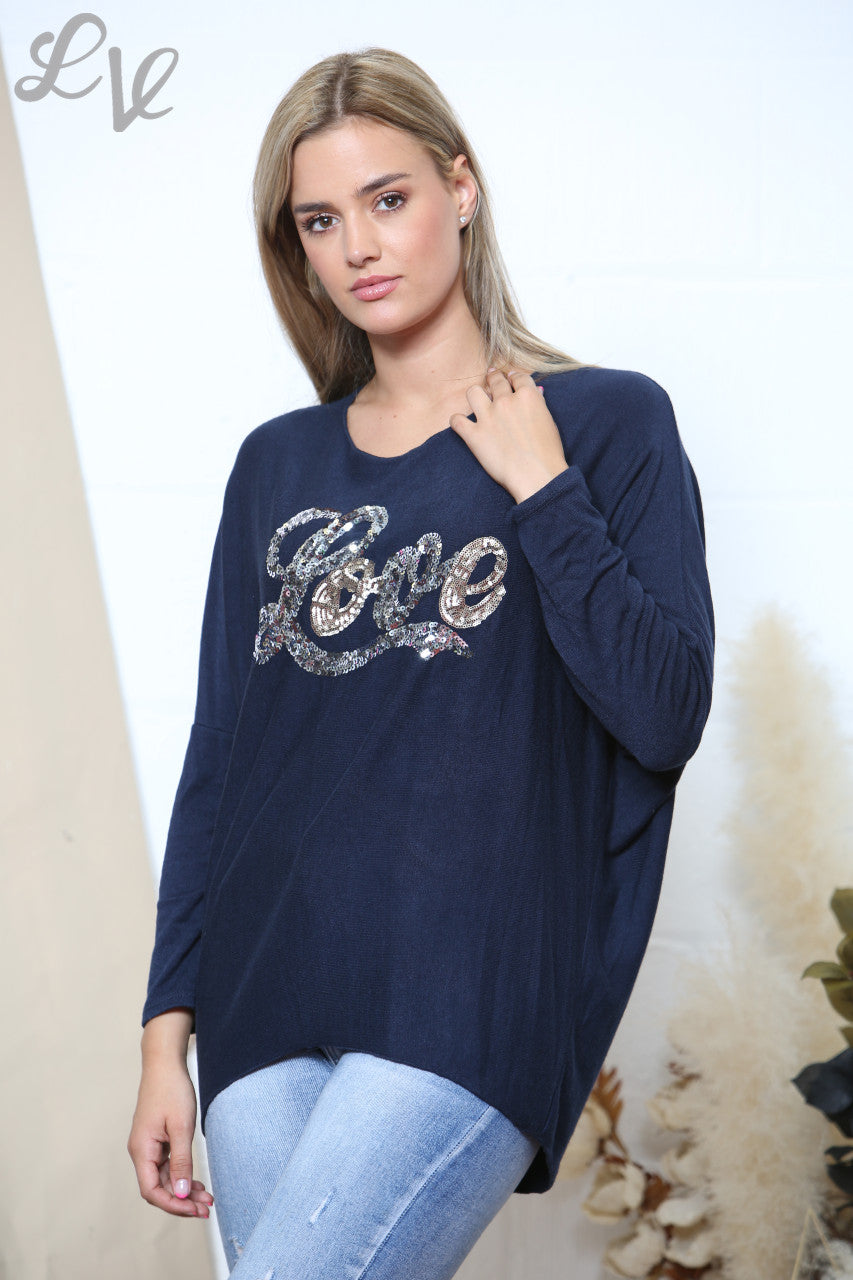 Dames Sparkle Glitter Love Fijngebreide Trui Top Marine