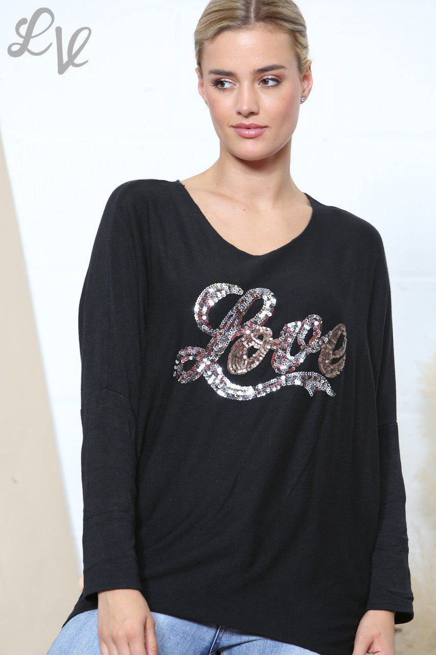 Dames Glitter Liefde Schrift Fijne Gebreide Trui Top Zwart