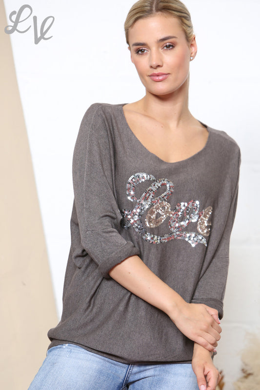 Dames Sparkle Glitter Love Script Fijn Gebreide Trui Top Bruin