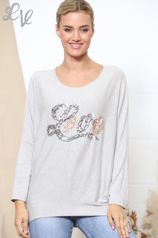 Dames Sparkle Glitter Love Script Fijngebreide Trui Top Steen