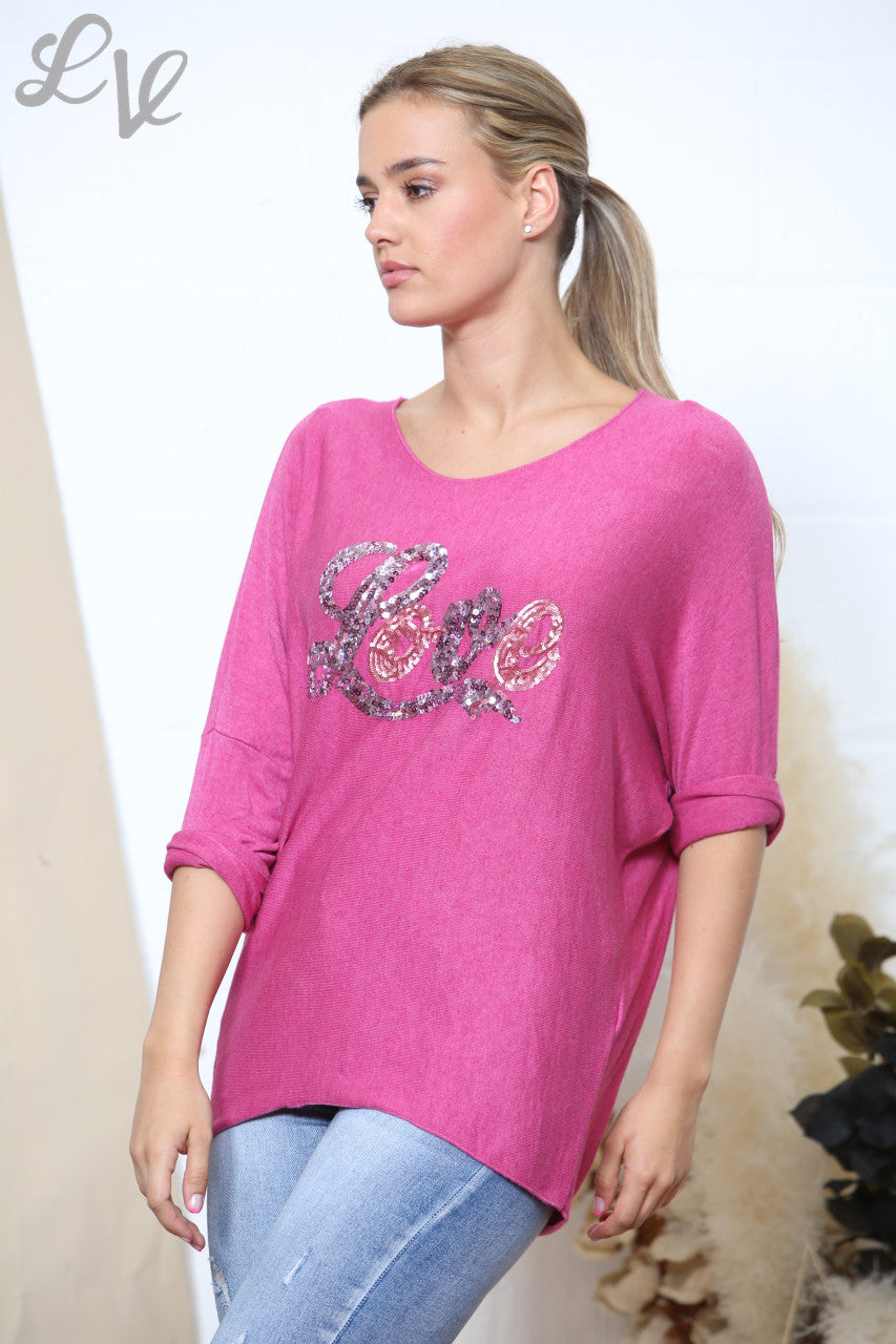 Ladies Sparkle Glitter Love Script Fine Knit Jumper Top Cerise