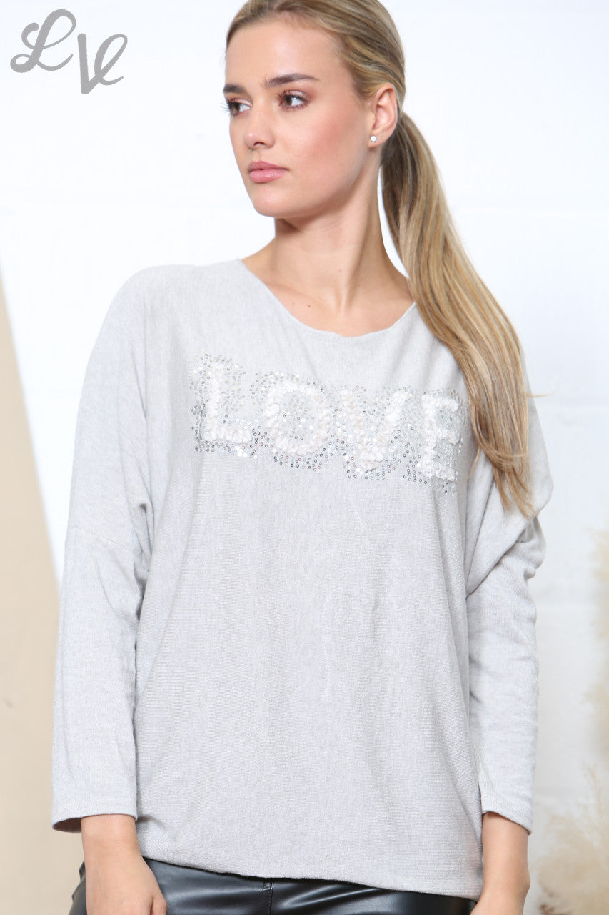 Ladies LOVE Sparkle Fine Knit Jumper Top Stone