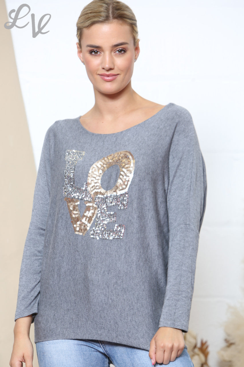 Dames Sparkle Glitter LOVE Letters Fijn Gebreide Trui Top Grijs