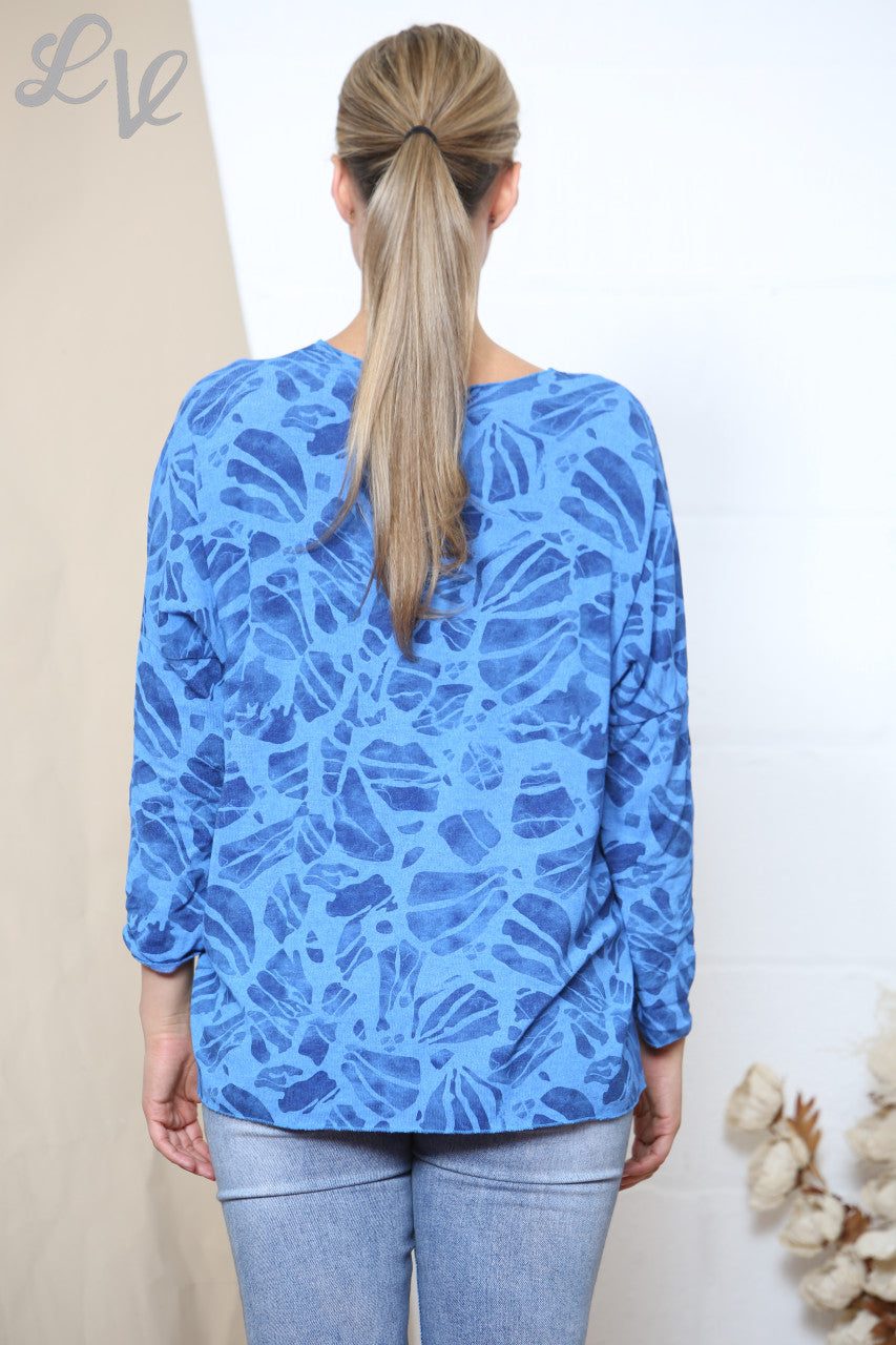 Ladies Abstract Effect Print Fine Knit Jumper Top Royal Blue