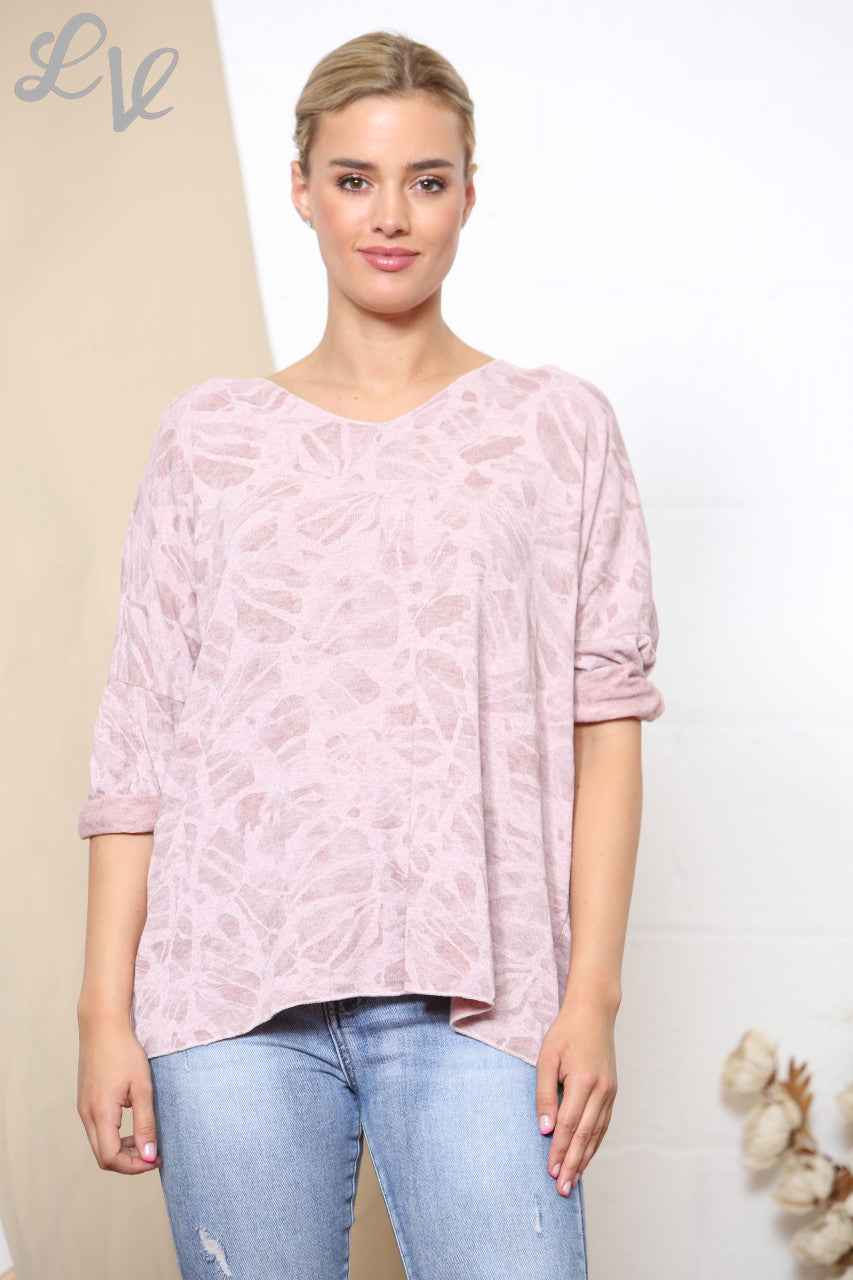 ABSTRACT PRINT FINE KNIT JUMPER TOP DUSTY PINK