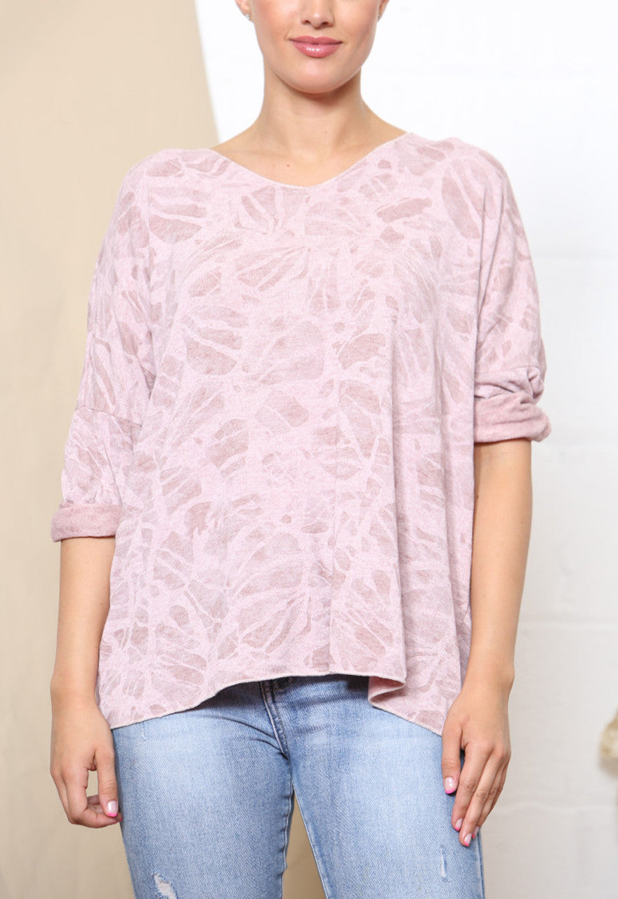 ABSTRACT PRINT FINE KNIT JUMPER TOP DUSTY PINK