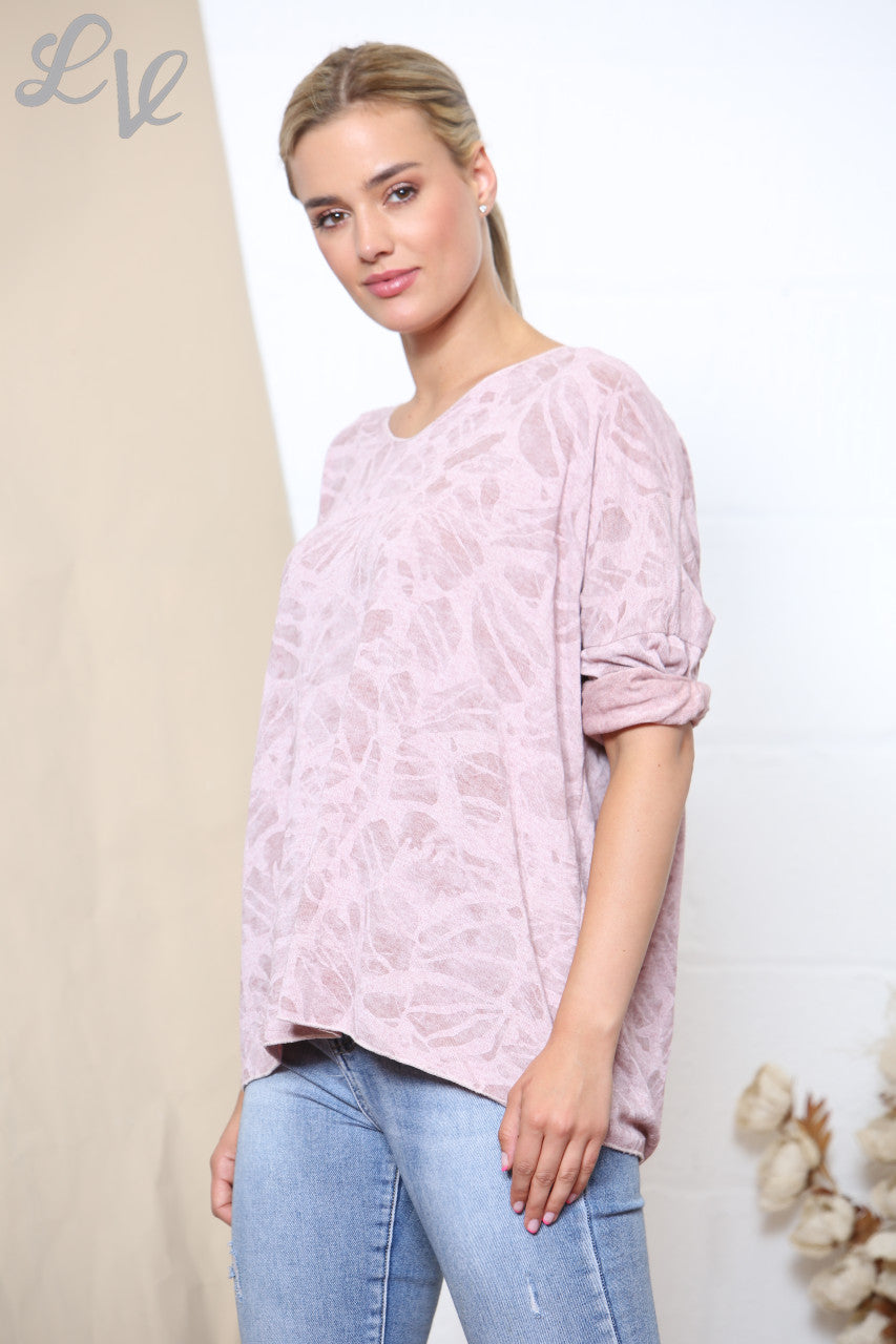 ABSTRACT PRINT FINE KNIT JUMPER TOP DUSTY PINK